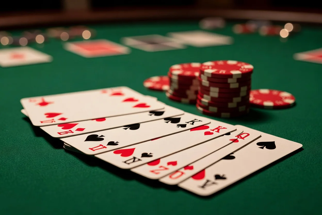 Fiches da casinò rosse e nere accanto a un mazzo di carte scoperte su feltro verde