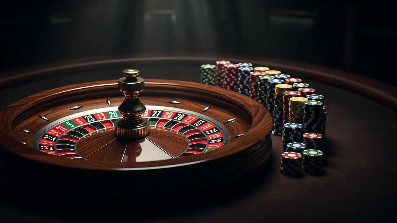 Roulette ferma sul feltro con pallina e fiches impilate accanto al cilindro