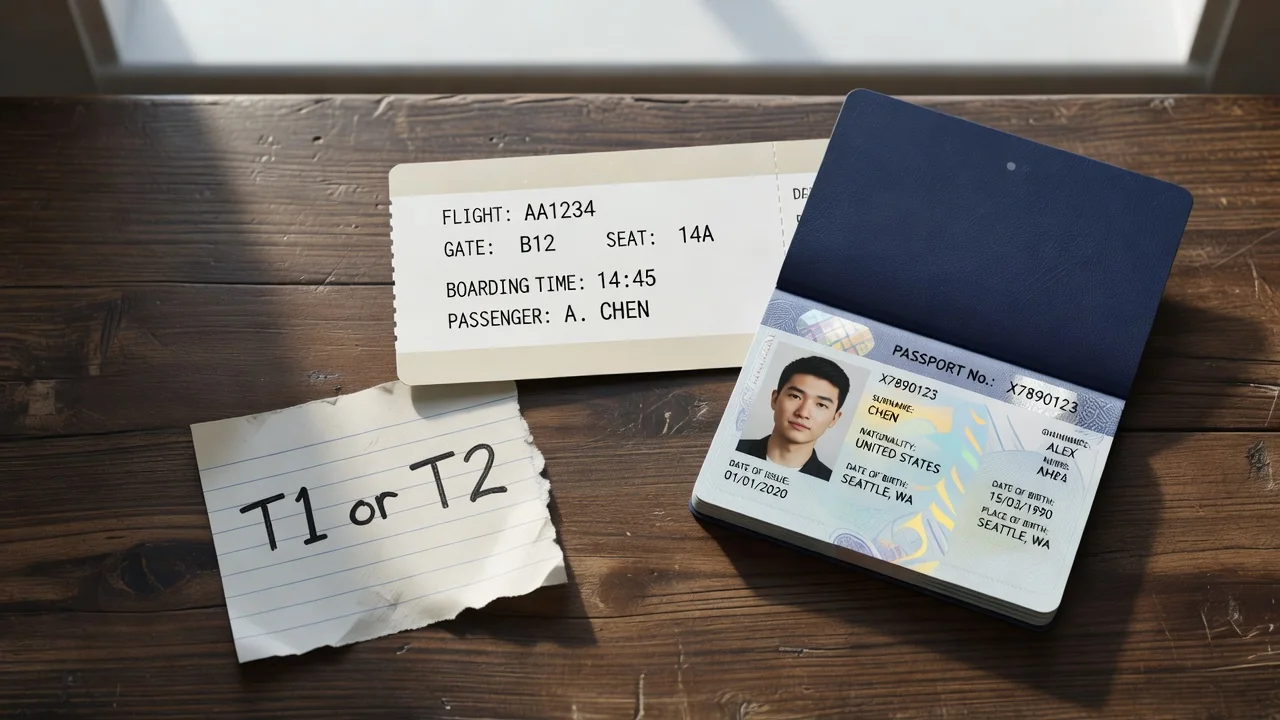 Carta d'imbarco, passaporto e un foglio con T1 o T2 scritto a mano
