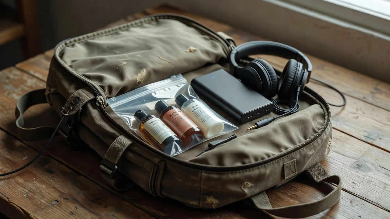 Zaino aperto con bustina liquidi, power bank e cuffie, pronto per Malpensa
