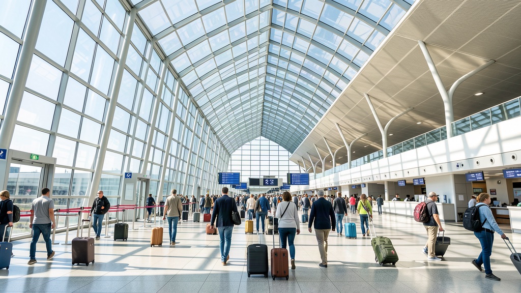 Interno del Terminal 1 di Malpensa con viaggiatori in partenza